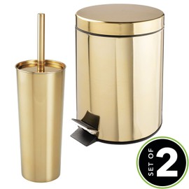 mDesign Metal Steel/Plastic Toilet Bowl Brush/Holder and Round 1.3 Gallon/5L Step Trash Can Combo Set for Bathroom; Holds Trash, Recycling, Deep Cleaning, Mirri Collection, Brass