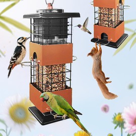 Squirrel Proof Bird Feeder,3Lbs Metal Birdfeeders Squirrel Proof with 4 Feeding Ports for Outside, Birds Seed Feeder for Outdoors, Cardinal, Finch, Sparrow (Brown)
