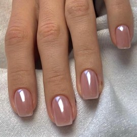 Ceboic Chrome Press on Nails Short Square, Nude Pink French Tip False Nails, Glossy Solid Color Acrylic Fake Nails Set, Removable Elegant Gel Stick on Nail for Women Daily Party Wedding Wear