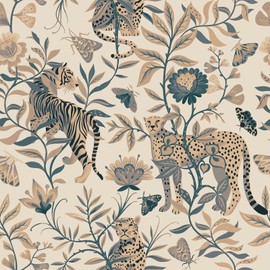 VaryStyle 17.7"x393" Tropical Jungle Animals Peel and Stick Wallpaper Fantasy Leopard Tiger Floral Wallpaper Murals Animal Print Contact Paper Waterproof Vinyl Wallpaper for Living Room Walls Drawers