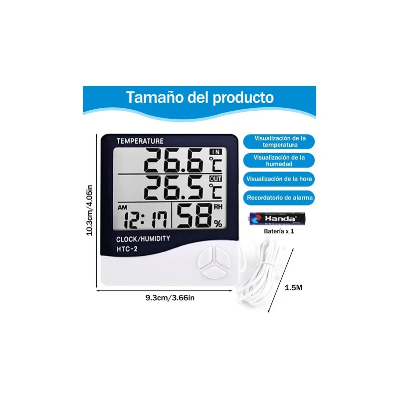 Termómetro Higrómetro Digital Interior Reloj Alarma Htc-2