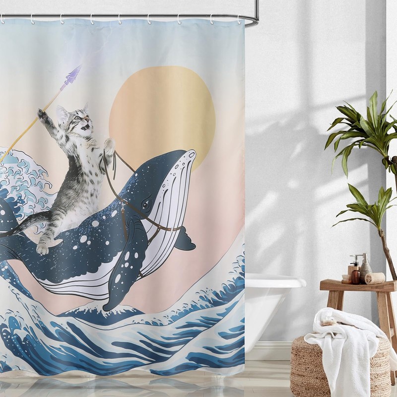 Funny Cat Shower Curtain, Cat Bathroom Curtain Cute Bathing Cat