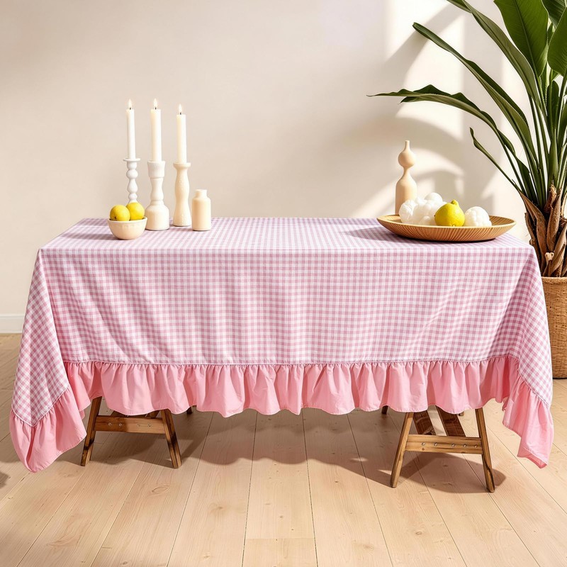 Simihiran Pink Gingham Ruffle Tablecloth 60 x 120 Inch Rectangular