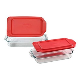 Pyrex Bundle - 4 Items: (1) 232 2qt Glass Dish, (1) 233 3qt Glass dish, (1) 232-PC 2qt Red Lid, (1) 233-PC 3qt Red Lid