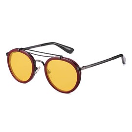 2020 VentiVenti Vintage Steampunk Double Bridge Round Polarized Sunglasses Designer Metal Frame For Women Men, Round Claret Frame/Yellow Lens, Medium