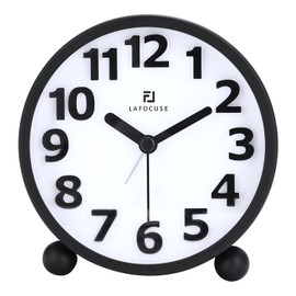 Lafocuse Analogue Alarm Clock, No Ticking, Metal Black 3D Numbers, Large, Silent Bedside Table Clock with Night Light and Snooze Function, Alarm Clock for Bedroom, Office, Travel, 10.5 cm