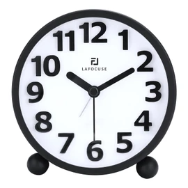 Lafocuse Analogue Alarm Clock, No Ticking, Metal Black 3D Numbers, Large, Silent Bedside Table Clock with Night Light and Snooze Function, Alarm Clock for Bedroom, Office, Travel, 10.5 cm