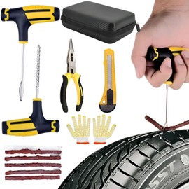 Kit de Reparación de Emergencia para Llantas de Moto, Kit de Herramientas de Neumáticos con Enchufe con Mango en T, Kit de Parches Profesional para Coches, Motos, Camiones