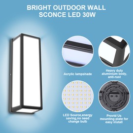 BIRITALO 15 Inch LED Porch Light 30W 6500K Outdoor Wall Light 2300LM Aluminum Modern Wall Sconce IP65 Waterproof Exterior Light Fixture Wall Mount for Patio Stairway Backyard