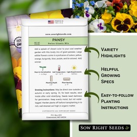 Sow Right Seeds - Swiss Giants Mix Pansy Flower Seeds for Planting - Colorful Blend to Plant in Your Garden - Non-GMO Heirloom Seeds with Instructions - Hardy Annual, Early Spring Favorite (2)