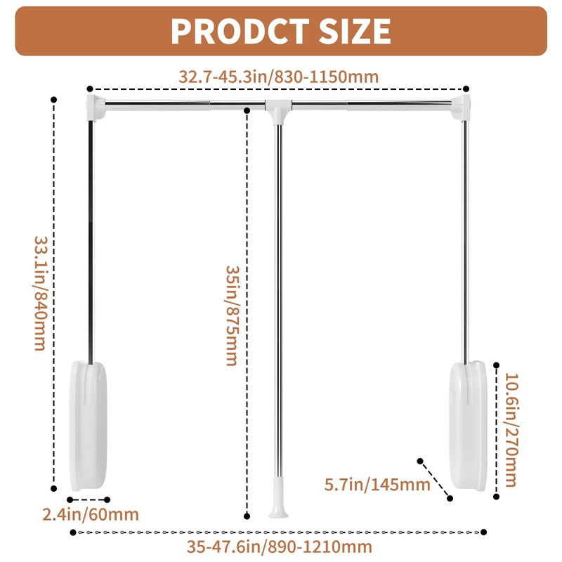tonchean Heavy Duty Pull Down Closet Rod White, 60 Lbs