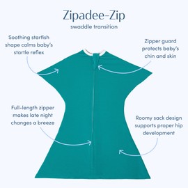 SleepingBaby Zipadee-Zip Transitional Swaddle Sack, 3-6 Month - Roomy Zipper Swaddle for Easy Diaper Changes and Proper Hip Development - Baby Swaddle Sack, X-Small - Classic Teal