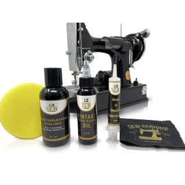 Vintage sewing machine restoration polish cleaning kit for high glossy reflection with wax, microfiber cloth, foam pad oil, & grease