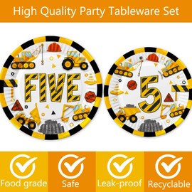 118pcs Construction 5th Birthday Decor Construction Five Years Old Paper Dinner Plates Napkins Forks Cups Tablecloth Banner Dinnerware for Dump Truck Theme Fifth Bday Party Supplies Decorations