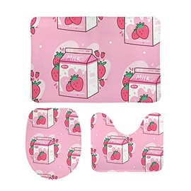 Kuizee Bath Rug Set 3 Piece ﻿Carton of Strawberry Milk Kawaii Anime Cartoon Pink Batroom Rugs Non-Slip Mat U-Shaped Contour Rug O-Shaped Toilet Lid Water Absorbent Cover Coral Velvet