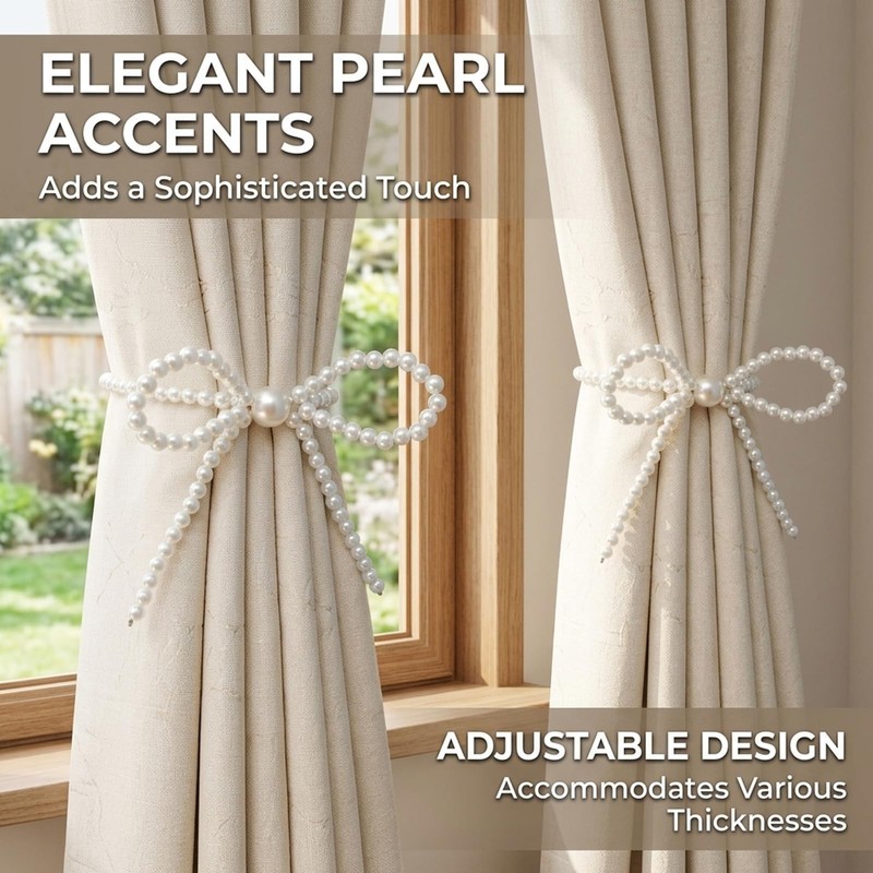 4 Set of Bow Curtain Tiebacks, Pearl Bow Curtain Holders,