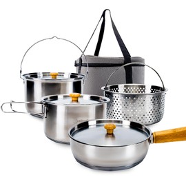 KingCamp Camping Cookware Set 304 Stainless Steel Campfire Cooking Pots Pan and Kettle with Travel Tote Bag for Camping Outdoor Kitchen Cooking Picnic for 4-6