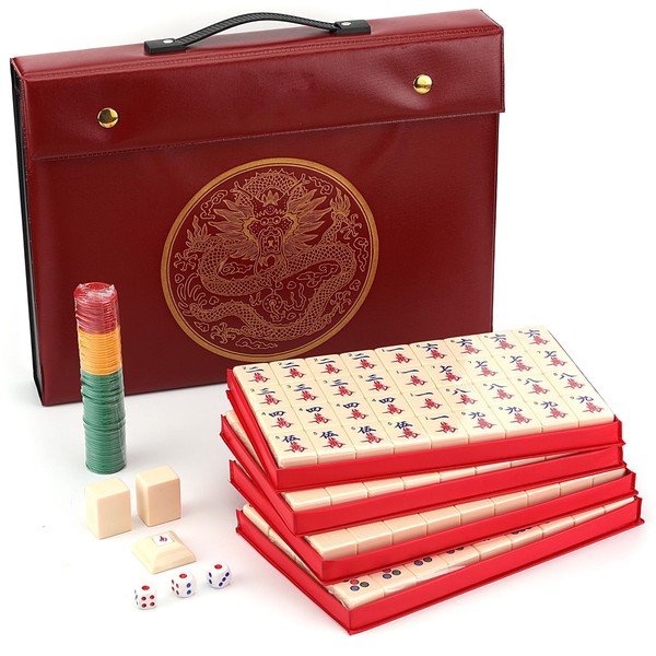 Mose Cafolo Chinese Mahjong Game Set 1.5" X-Large 144 Numbered White Ivory Color Melamine Tiles with Carrying Travel Case,Complete Majiang, Majong, Mah-Jongg Game Set