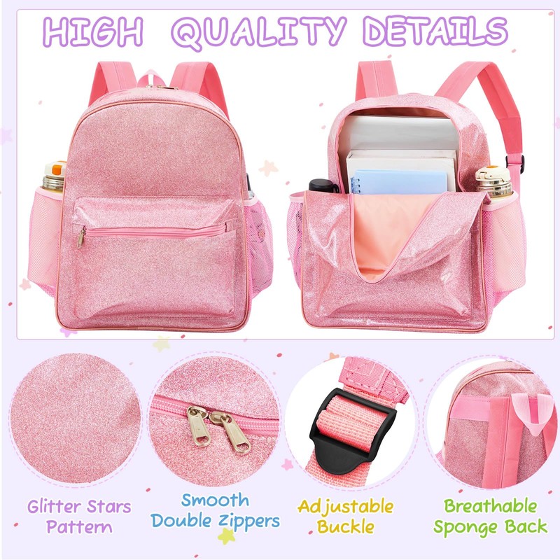 Bulyoou 3 Pcs Pink Glitter Backpack with Lunch Bag Pencil