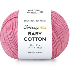 HobbyMia Baby Cotton Yarn for Crocheting - 50g / 180yds - (2) Fine, Sport Weight Yarn - Soft Amigurumi Yarn for Crochet Thread - 60% Cotton & 40% Acrylic Yarn (Muted Pink, 1 Ball)