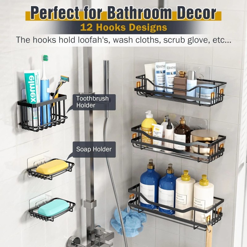 OMAIRA 6-Pack Shower Caddy Organizer Shelves Rack, Stainless Steel Adhesive