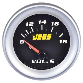 JEGS Voltmeter Gauge | 2-1/16” Diameter | Electrical | 8-18 Volts | Black Face | Includes Chrome, Silver, and Black Bezels | Made in USA