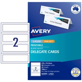 Avery Printable Delegate Tent Cards - Conferencing Supplies - Custom Double Sided Place Cards - 210 x 74.25 mm, 25 Sheets, 150 GSM (947000 / L7423)
