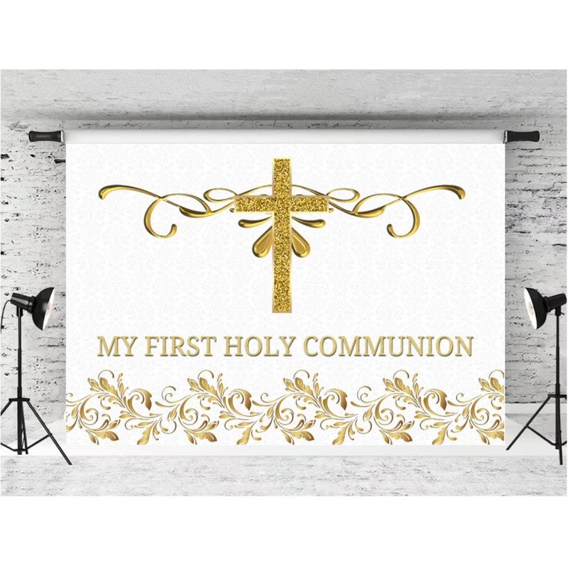My First Holy Communion Photography Backdrop Gold Glitter Cross Gold