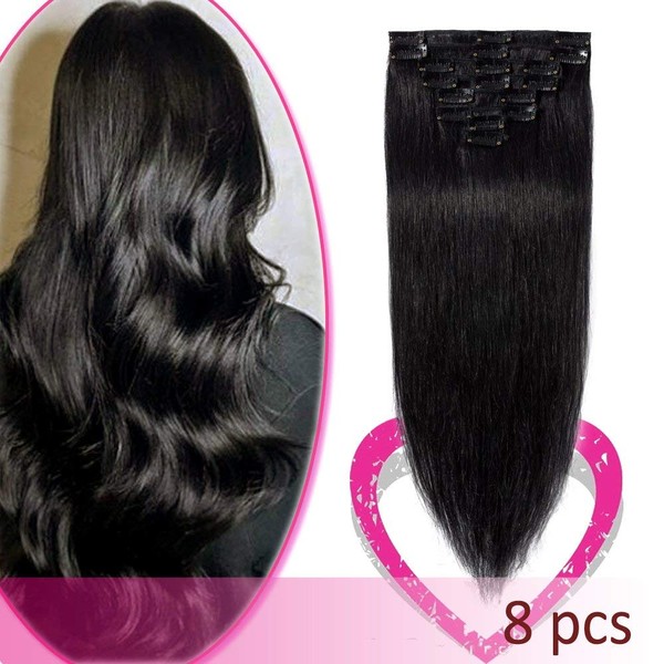 10 Inch Clip on Hair Extensions 100% Human Hair 50g Standard Weft Clip in Hairpieces 8 Pcs 18 Clips Straight for Women #1 Jet Black