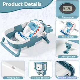 Collapsible Baby Bathtub for Newborns with Thermometer and Soft Floating Cushion Portable and Foldable Travel Baby Bath Tub for Infants to Toddler 0-36 Month (Blue)