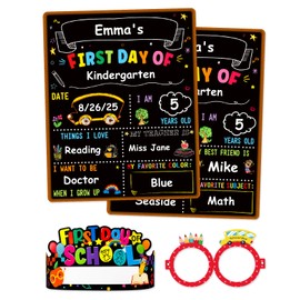 D4DREAM First Day of School Chalkboard Sign - 13.5''x10.5'' Double-Sided 1st First and Last Day of School Board with Paper Crown & Glasses Back to Schools Supplies for Kids Kindergarten