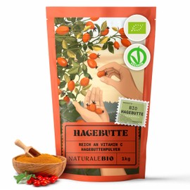 NaturaleBio NaturaleBio Hagebuttenpulver Bio 1kg. Rohkostqualität, Natürlich und rein aus ganzen biologischen Hagebuttenbeeren gemahlen. Hundsrosen-Pulver reich an Vitamin C. Natürliches Bio-Produkt.