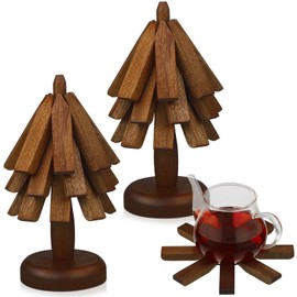Suzile 2 Set Wooden Trivets for Hot Dishes Tree Shape Trivet Set Wood Table Mat Tree Design Trivet Mats Foldable Heat Resistant Pads for Teapot Pans Bowl Kitchen Table (Brown)