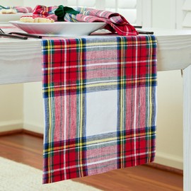 Solino Home Linen White Table Runner 156 Inches Long - 100% Pure Linen Stewart Plaid Table Runner 14 x 156 Inch - Handcrafted and Machine Washable Fabric