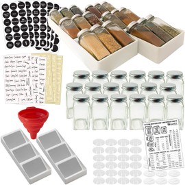 Spice Rack Drawer Organizer w/18 Glass Spice Jars & 2 Types of Printed Spice Labels by Talented Kitchen. Complete Set: 2 Drawer Trays, 18 Square Empty Glass Jar 4oz, Chalk & Clear Label
