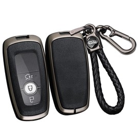 ontto Alloy Car Key fob Cover Fit for Ford Fusion Mustang Explorer F150 F250 F350 EcoSport Edge S-MAX Ranger Mondeo Smart Leather Key case Shell key holder keyring keychain accessories Black