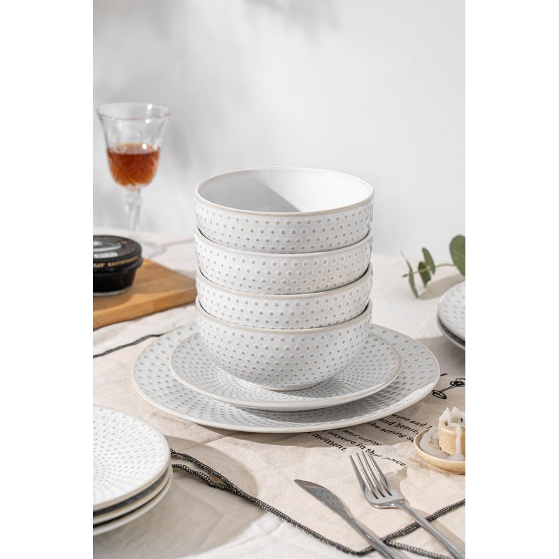 FOBENTA Stoneware Dinner Plates,Embossment Ceramic Dish Set for 4,4 Piece