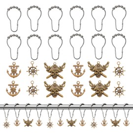 RUINIPOT 24 Pcs Antique Teal Fancy Nautical Series Skull Shower Curtain Hooks Silver Bathroom Rust-Proof Curtain Lining Roller Ring for Gothic Home Decor & Western Bathroom Decor.