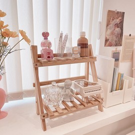 BestAlice Wooden Double Layer Rack Desk Storage Organizer, Foldable Wooden 2-Tier Ladder Shelves, Durable Shelf Flower Pot Seasoning Storage Racks, Sundries Storage Shelf Home Decor Organizer, Ladder