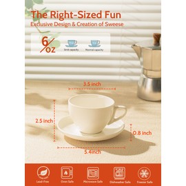 Sweese 6 Ounce Cappuccino Cups with Saucers, Porcelain Double Espresso Cups Set of 6 - White