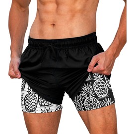 Cozople Men's Swim Trunks 5.5 Inseam Compression Lining Lightweight Bathing Suits Summer Beach Quick Dry Boxer Brief Lined Swim Shorts Black L