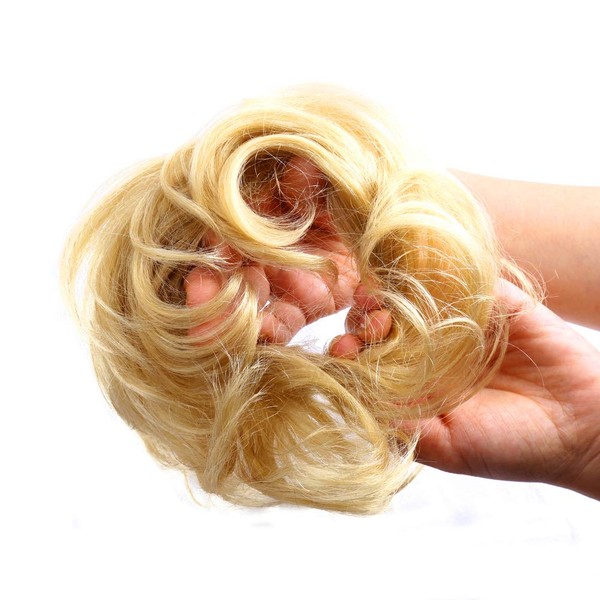 Bella Hair Instant Messy Bun Extension, Real Human Hair Scrunchies for Women Wavy Curly Up-Do Chignon Hairpiece (#613 Blonde/Baby Blonde)