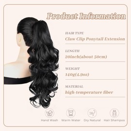 Claw Clip Ponytail Extension 20" Clip in Wavy Ponytail Hair Extensions Long Synthetic Fake Ponytail for Women Extensions #1B Natural Black