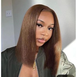 KKYST 13x4 Chocolate Brown Bob Lace Front Wigs Human Hair for Black Women Pre Plucked Bob Wig Human Hair Glueless Wigs Human Hair 180% Density Short Straight Bob Wigs for Black Women(16 Inch,4#)