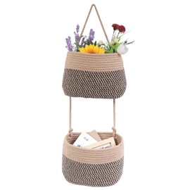 Over The Door Hanging Basket, 2 Tier Cotton Rope Woven Wall Basket, Magazine Racks Hanging Organizer, Decorative Hanging Storage Baskets for Organizing Living Room, Bathroom and Bedroom (Jute-black)