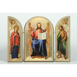 7-3/16 x 10-3/8 Inch Jesus Christ Almighty Wooden Russian Triptych with Icons of Virgin Mary, St John St, Michael and Gabriel