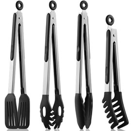 4 PCS Kitchen Tongs for Cooking, Pasta Tongs 9 & 12-Inch Cooking Tongs Spaghetti Tongs Stainless Steel Food Tongs with Silicone Tips for Serving Food, Spaghetti, Pasta, BBQ, Salad (4PCS)