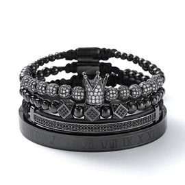 Innocence Imperial Crown King 18K Gold CZ Beads Cuff Bracelet Luxury Charm Fashion Cuban Link Bangle Jewelry Set For Men Women (D Black)