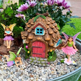 Mood Lab Fairy Garden - Pinecone Fairy House Kit of 4 pcs - Miniature Figurines & Accessories Set - Outdoor or House Decor