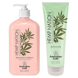 Australian Gold Hemp Nation White Peach & Hibiscus Bundle - Tan Extender Lotion (18 Fl Oz) and Agave & Lime Body Scrub (8 Fl Oz), Moisturizing Body Lotion and Body Exfoliating Scrub, Pure Hemp Oil